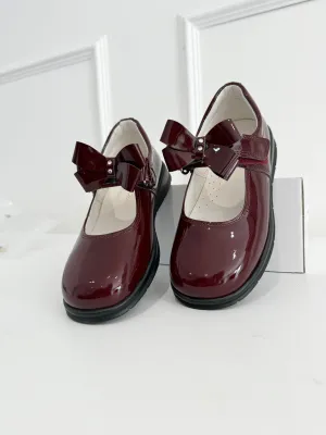 6273 Burgundy School Shoes - Double Diamond Bow (Flat Sole)