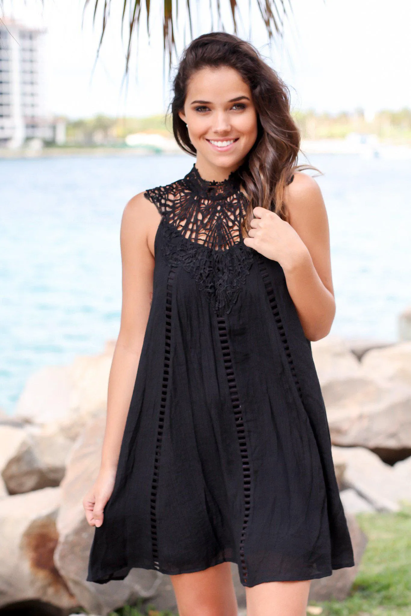 Black Short Dress with Crochet Detail