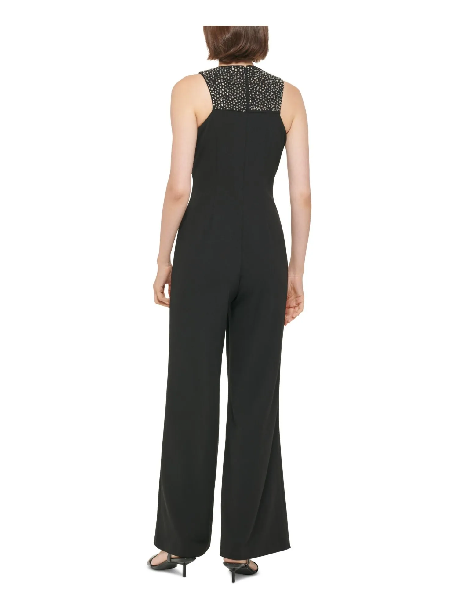 CALVIN KLEIN Womens Black Rhinestone Zippered Lined Bodice Darted Waistless Sleeveless Round Neck Evening Wide Leg Jumpsuit