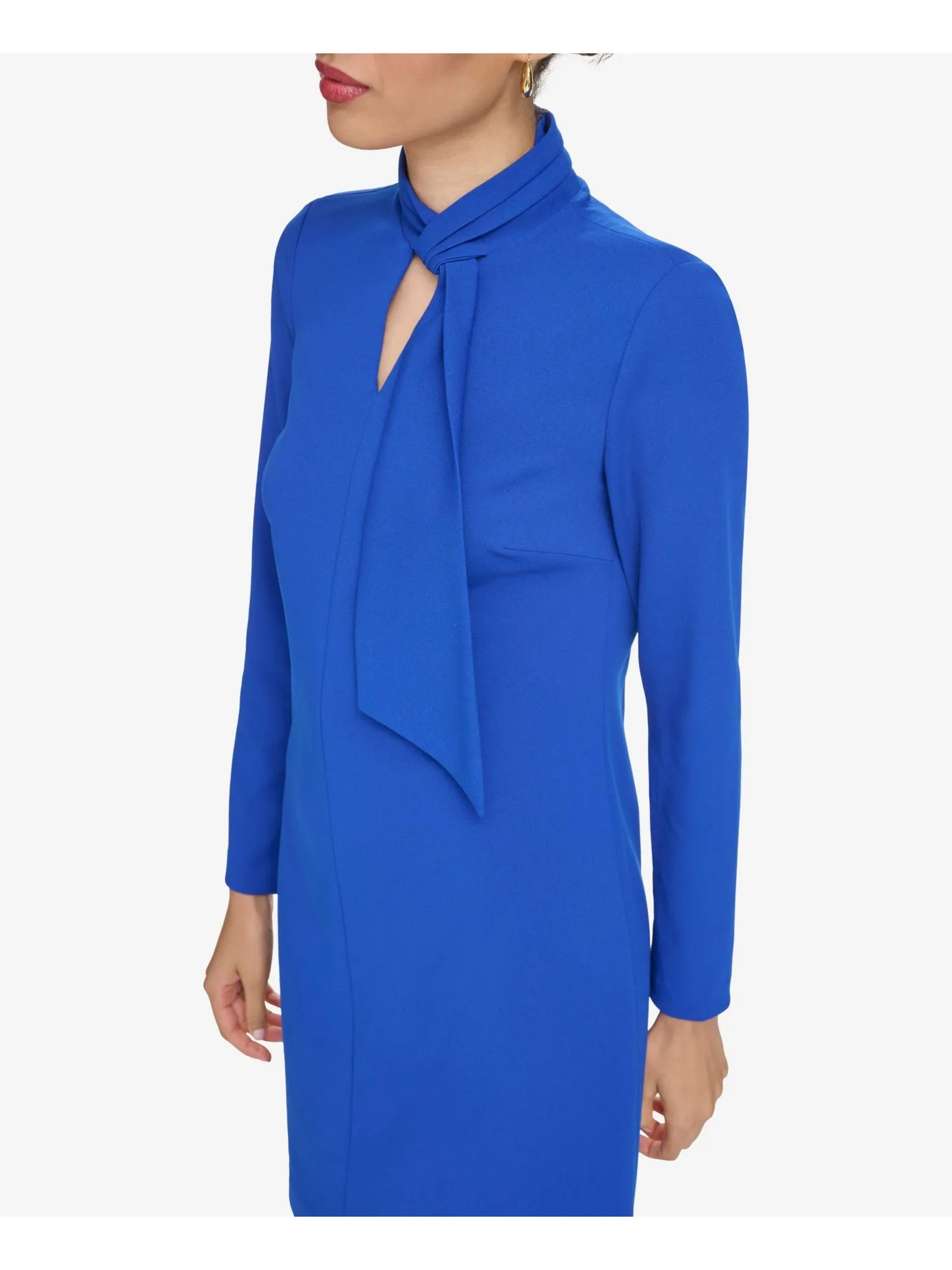 CALVIN KLEIN Womens Blue Pleated Lined Faux-tie Neck Long Sleeve Keyhole Above The Knee Party Shift Dress