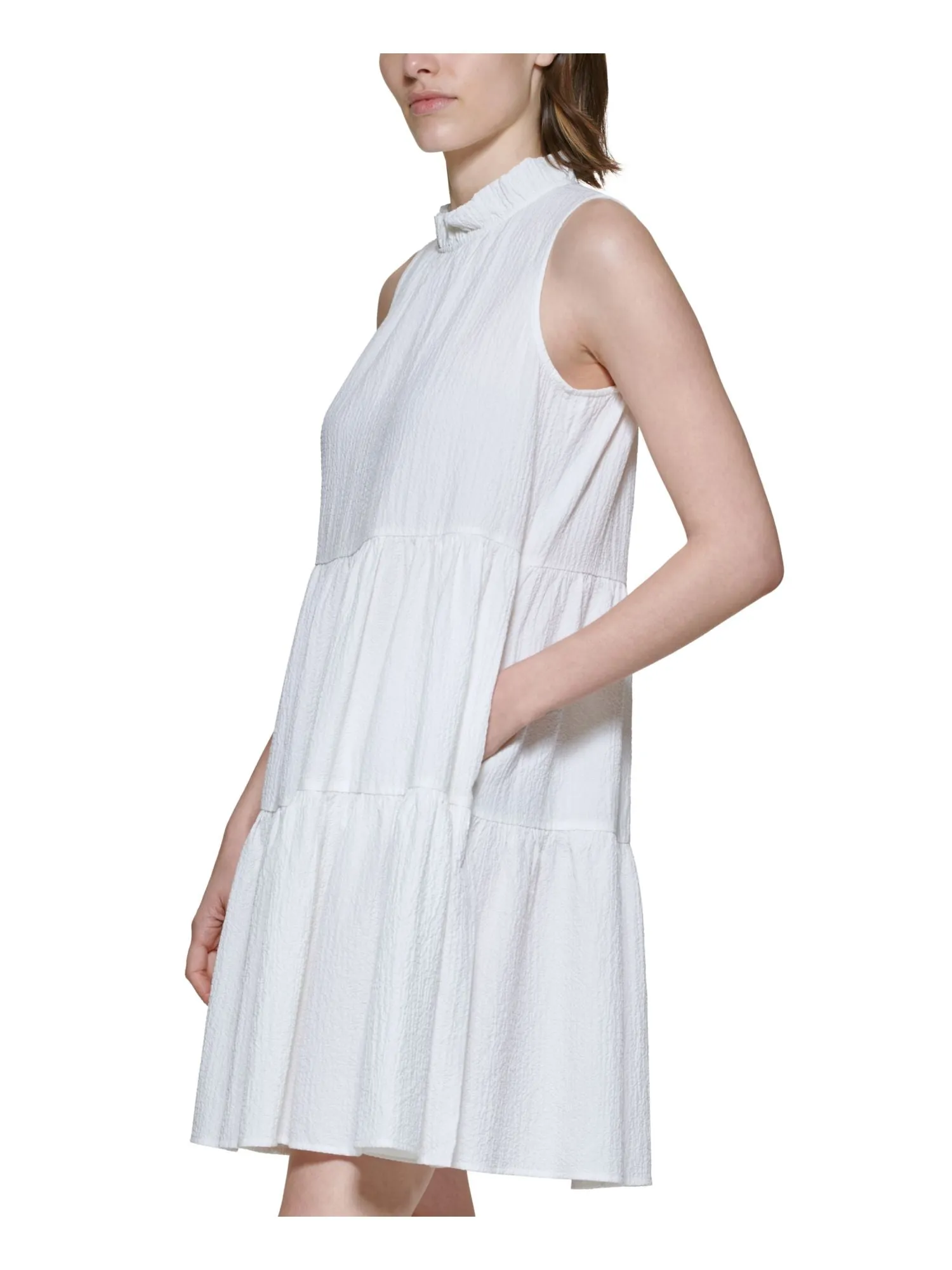 CALVIN KLEIN Womens Ivory Pocketed Ruffled Tiered Keyhole Button Back Sleeveless Mock Neck Above The Knee Fit   Flare Dress