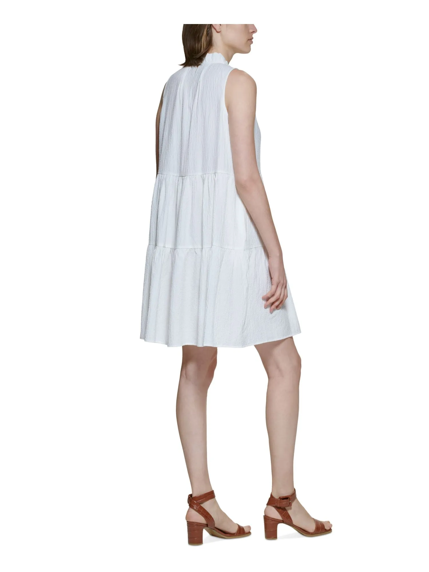 CALVIN KLEIN Womens Ivory Pocketed Ruffled Tiered Keyhole Button Back Sleeveless Mock Neck Above The Knee Fit   Flare Dress