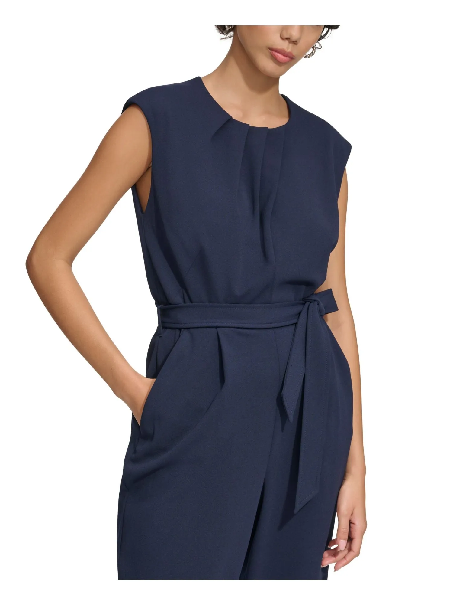 CALVIN KLEIN Womens Navy Pleated Zippered Pocketed Tie-belt Sleeveless Jewel Neck Wear To Work Cropped Jumpsuit