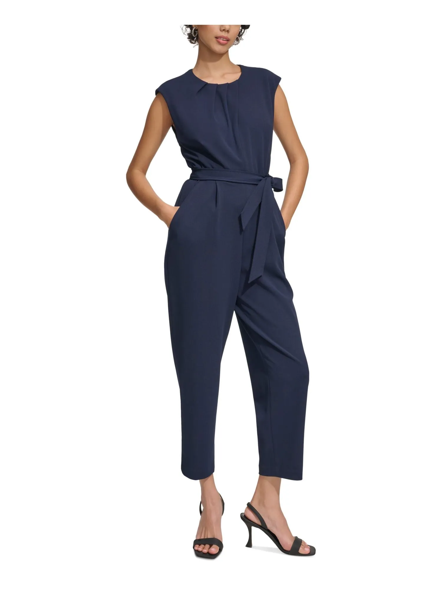 CALVIN KLEIN Womens Navy Pleated Zippered Pocketed Tie-belt Sleeveless Jewel Neck Wear To Work Cropped Jumpsuit