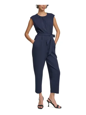 CALVIN KLEIN Womens Navy Pleated Zippered Pocketed Tie-belt Sleeveless Jewel Neck Wear To Work Cropped Jumpsuit