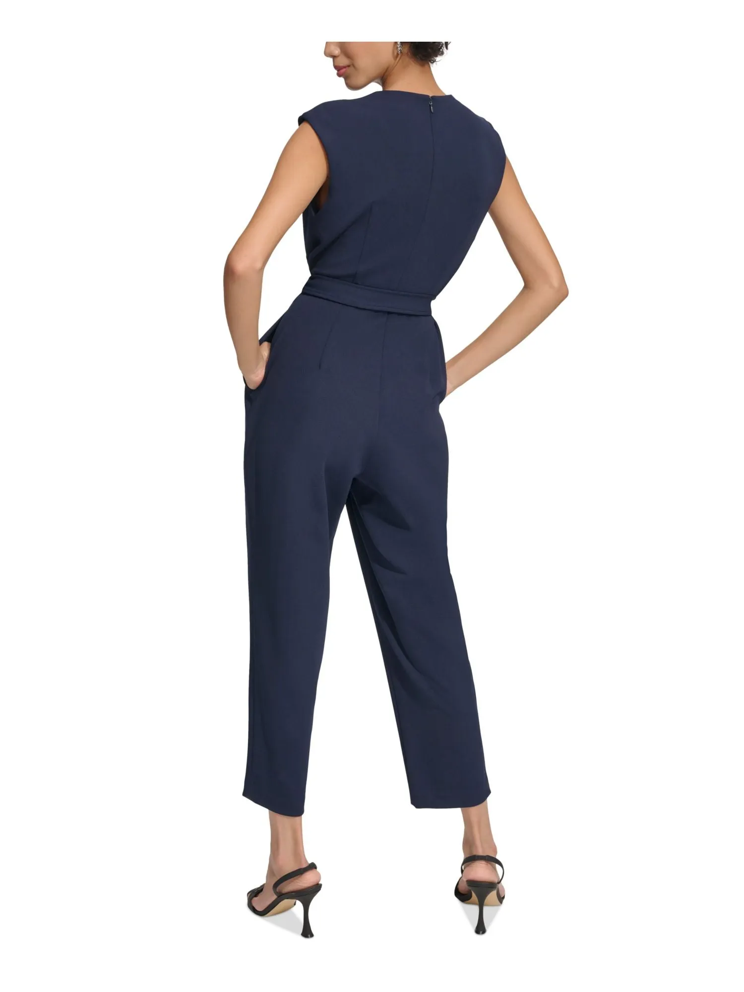 CALVIN KLEIN Womens Navy Pleated Zippered Pocketed Tie-belt Sleeveless Jewel Neck Wear To Work Cropped Jumpsuit