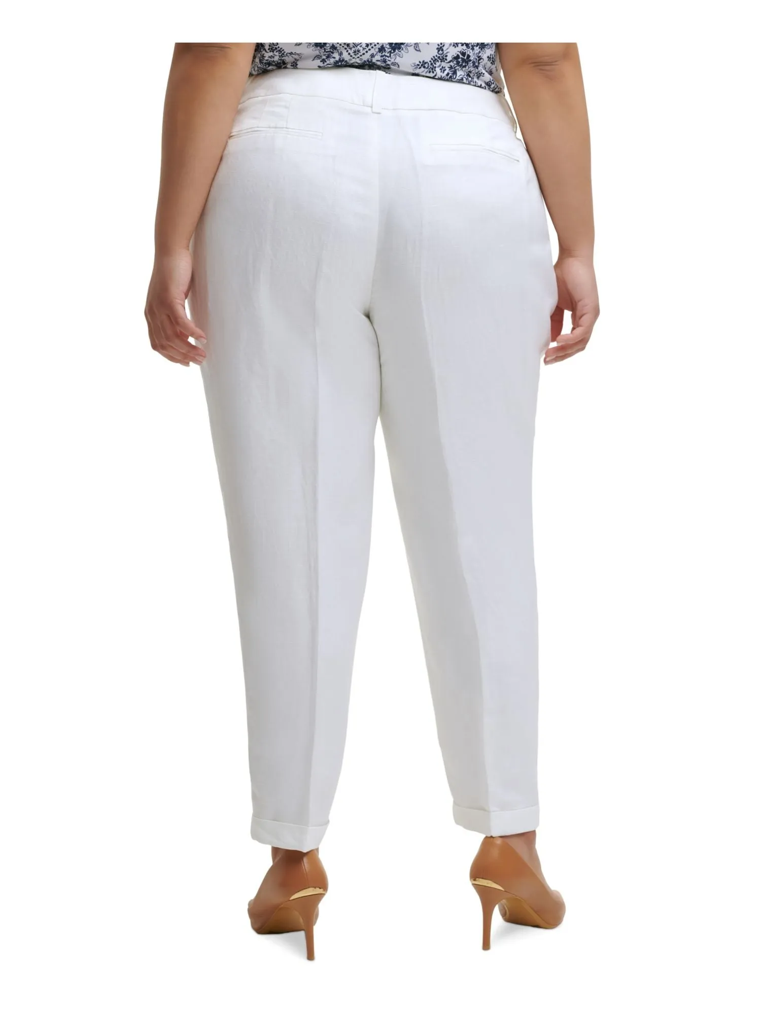 CALVIN KLEIN Womens White Zippered Pocketed Mid Rise Slim Leg Front-crease Wear To Work Cuffed Pants