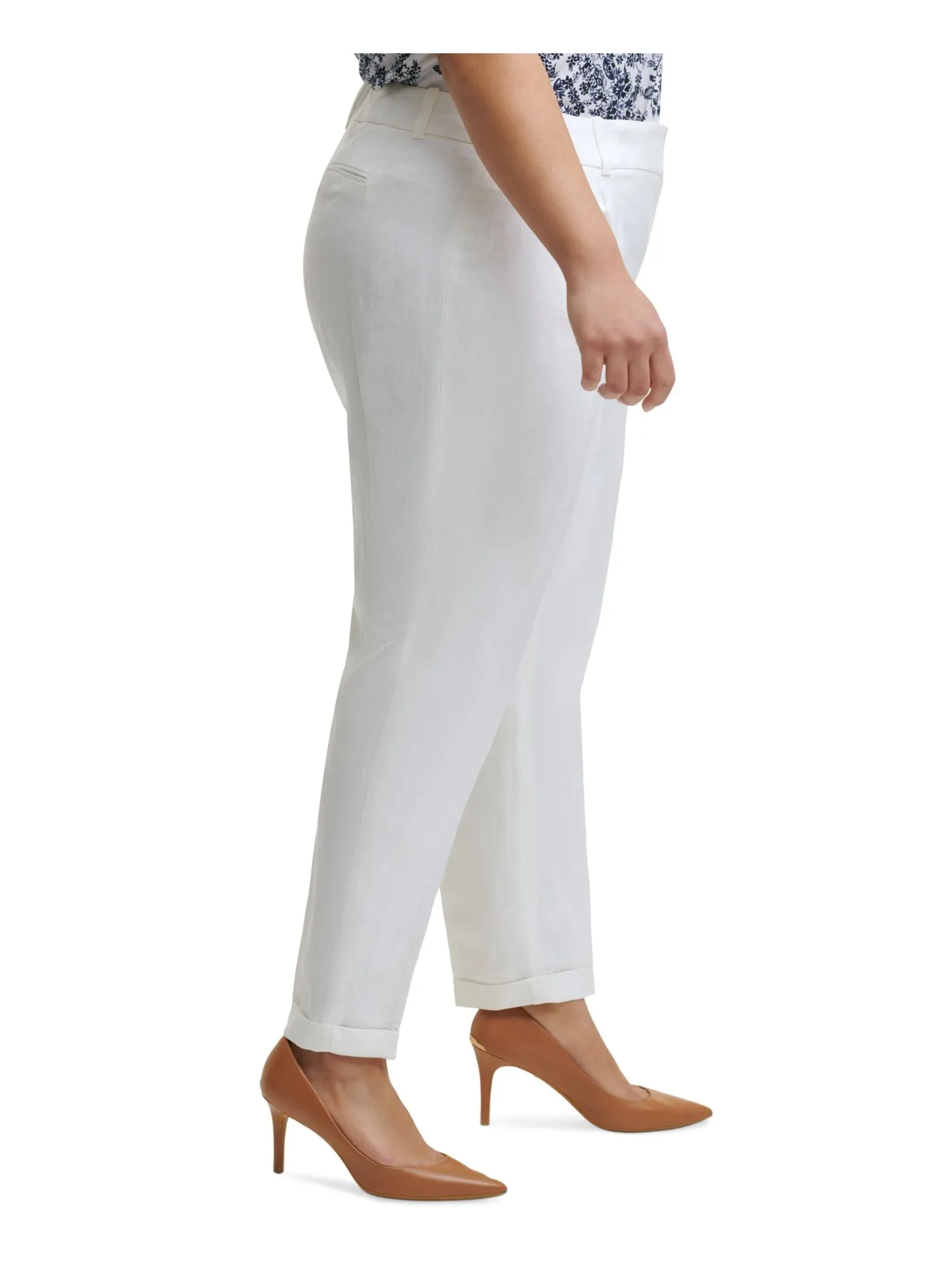 CALVIN KLEIN Womens White Zippered Pocketed Mid Rise Slim Leg Front-crease Wear To Work Cuffed Pants