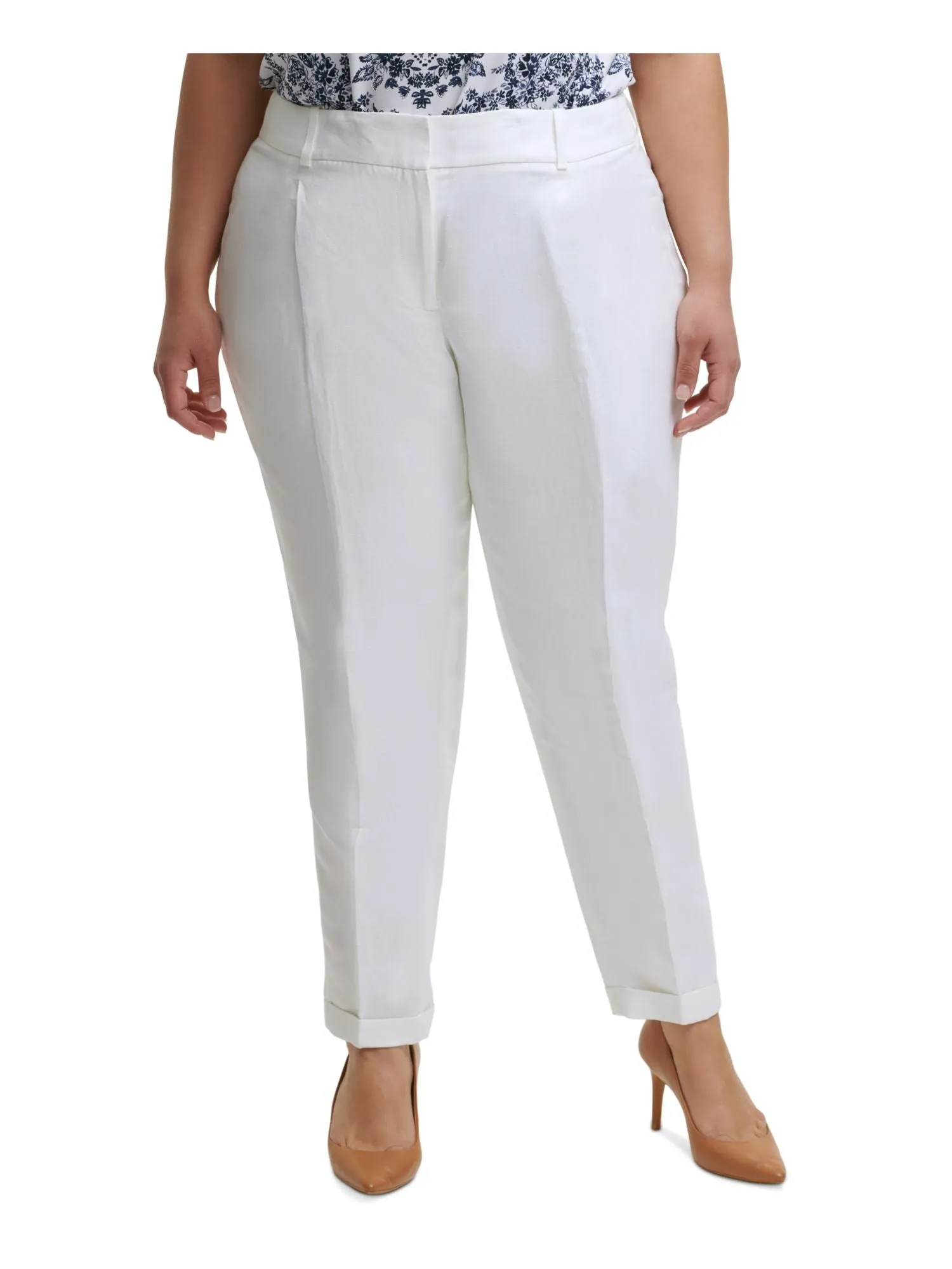 CALVIN KLEIN Womens White Zippered Pocketed Mid Rise Slim Leg Front-crease Wear To Work Cuffed Pants