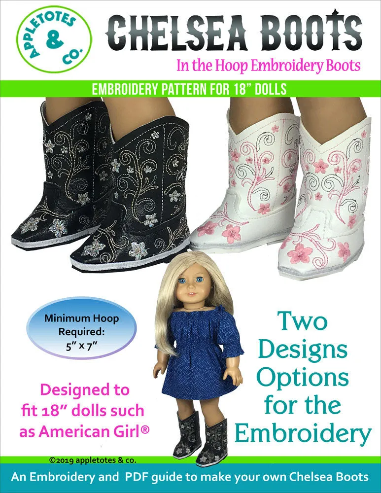 Chelsea Cowboy Boots ITH Embroidery Patterns for 18" Dolls