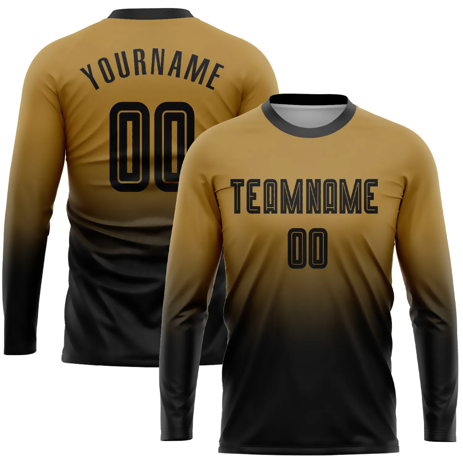 Custom Old Gold Black Sublimation Long Sleeve Fade Fashion Soccer Uniform Jersey