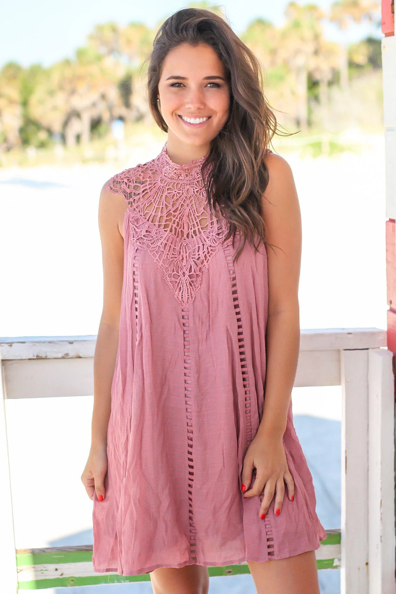 Dusty Rose Crochet Short Dress