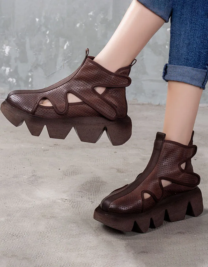 Front Velcro Hollow Retro Platform Cut-out Sandals