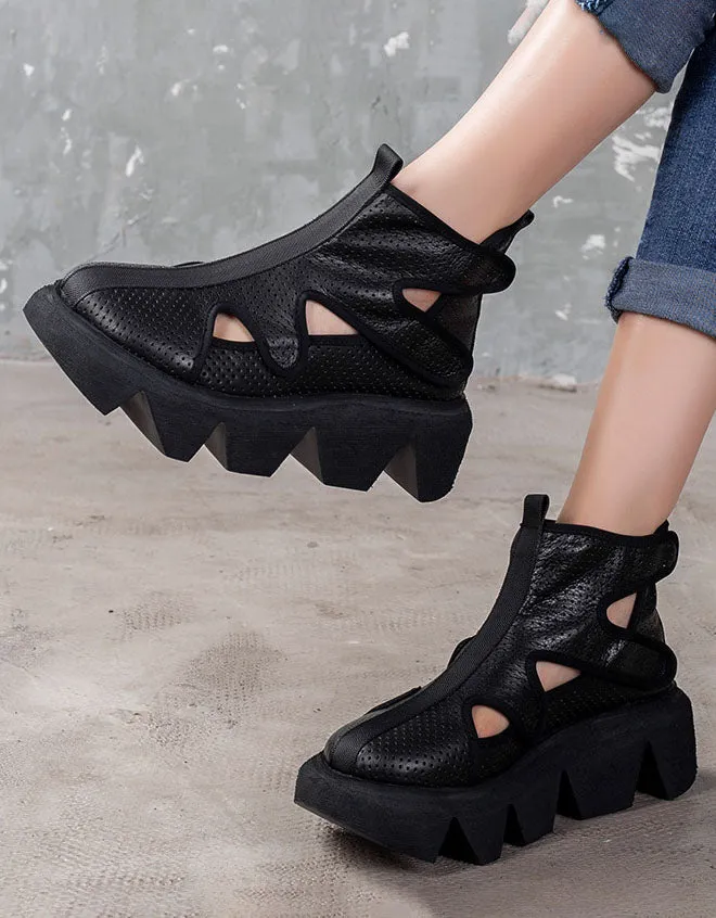 Front Velcro Hollow Retro Platform Cut-out Sandals