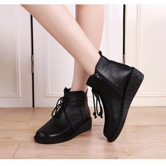 Genuine Leather Women's Shoes Zipper Wedge Heel Round Head Vintage Shoes Non-slip