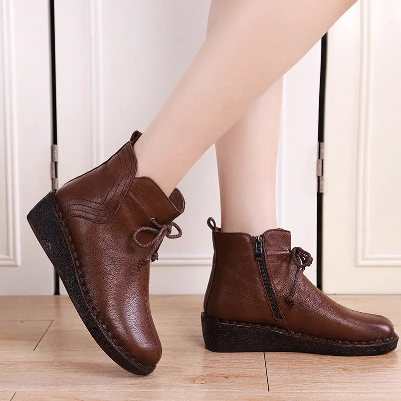 Genuine Leather Women's Shoes Zipper Wedge Heel Round Head Vintage Shoes Non-slip