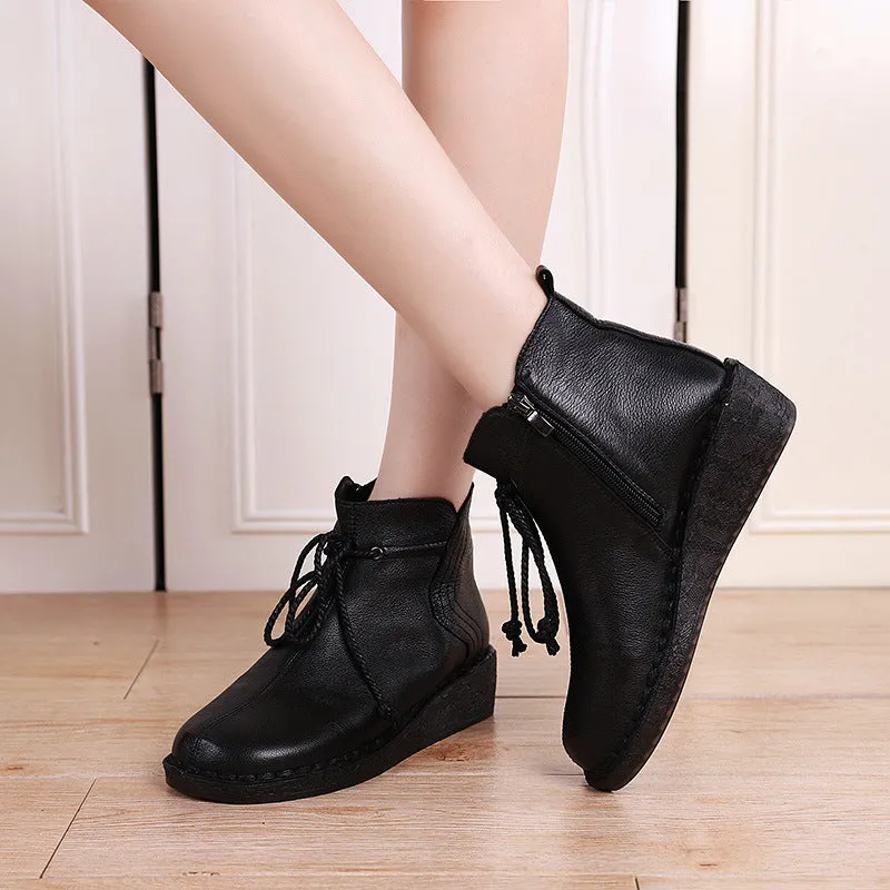 Genuine Leather Women's Shoes Zipper Wedge Heel Round Head Vintage Shoes Non-slip