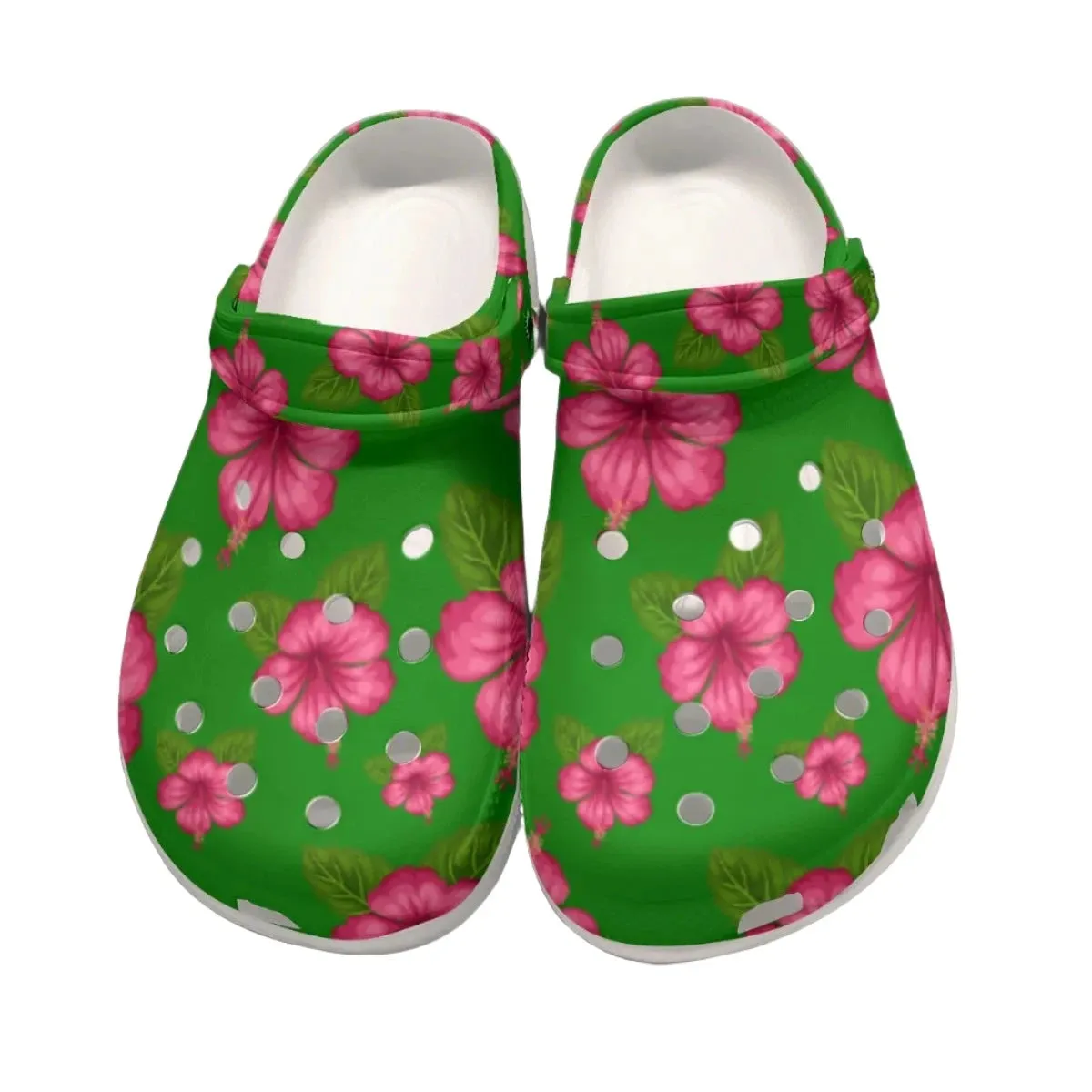 Graphic Pink Hibiscus Green Rubber Shoes up to size 12