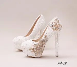 Handmade High Heels Round Toe Pearls Crystal Wedding Shoes, S0038