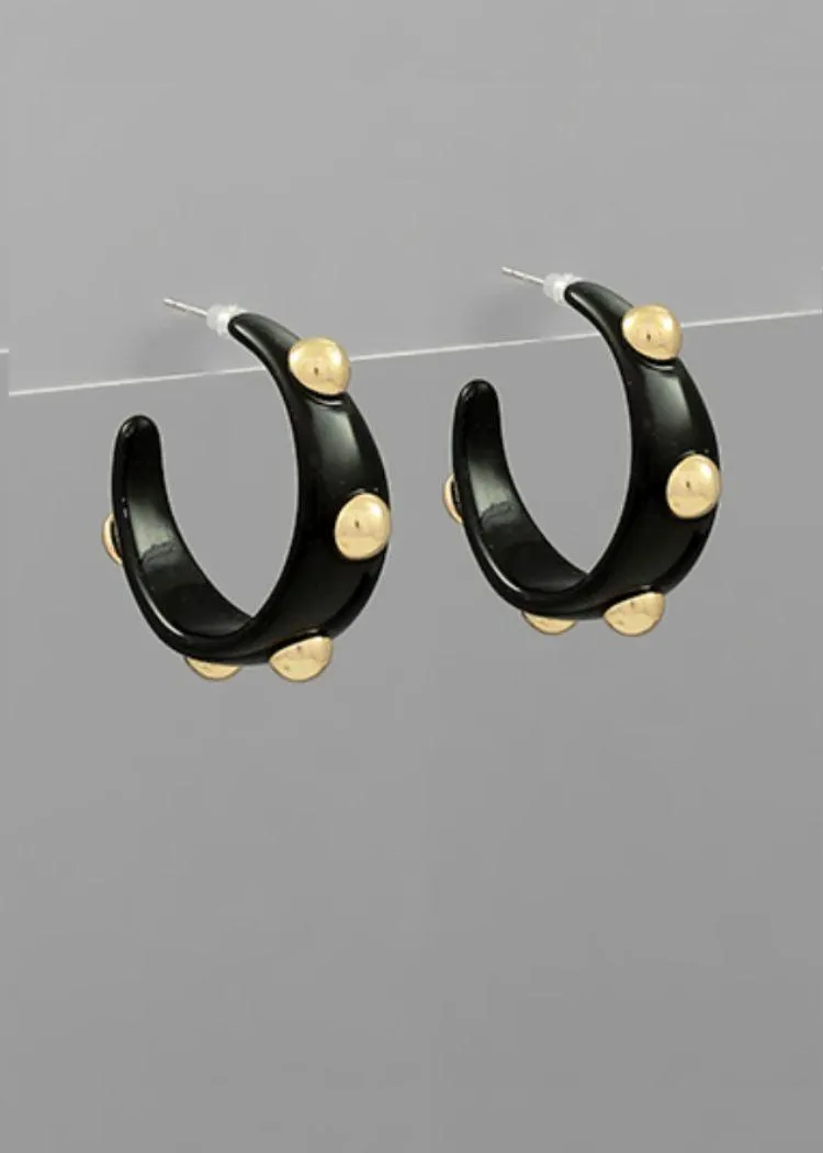 Janine Studded Gold Ball Hoops - Black