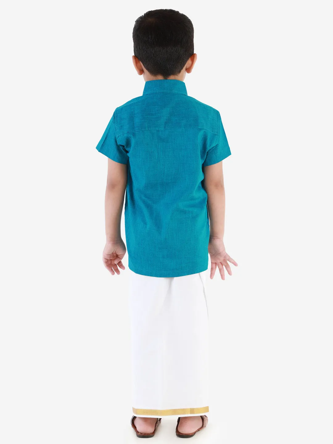 Jashvi Boys' Azure Blue Cotton Short Sleeves Ethnic Shirt Mundu Vesty Style Dhoti Pant Set