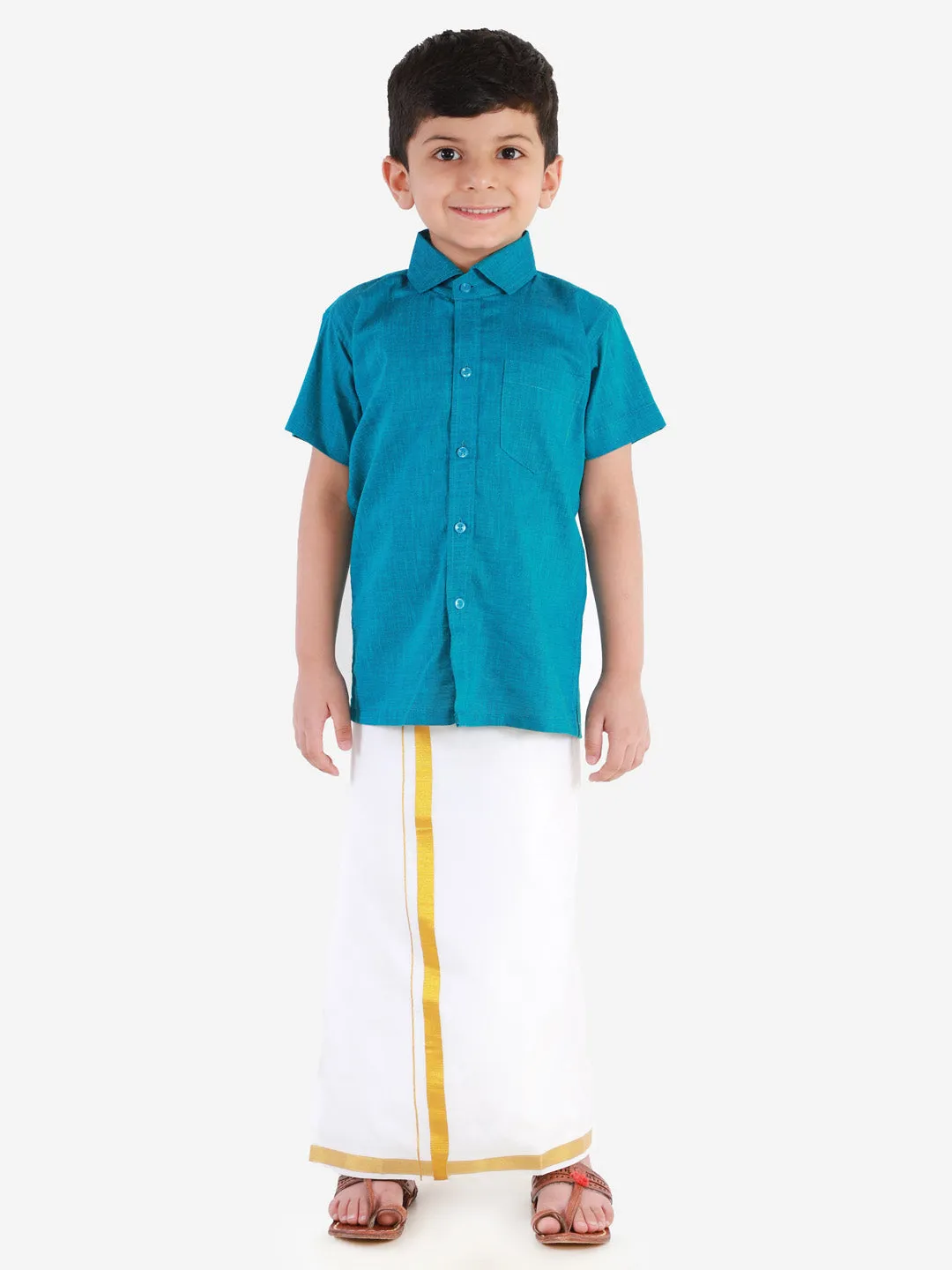 Jashvi Boys' Azure Blue Cotton Short Sleeves Ethnic Shirt Mundu Vesty Style Dhoti Pant Set