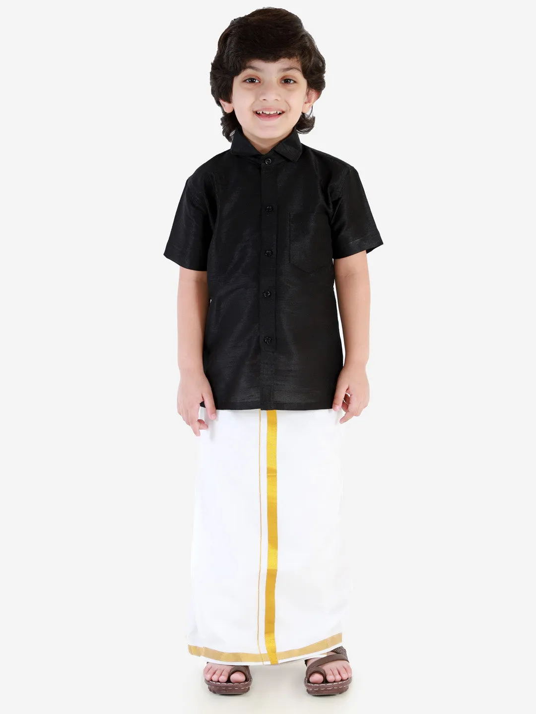 Jashvi Boys' Black Silk Short Sleeves Ethnic Shirt Mundu Vesty Style Dhoti Pant Set