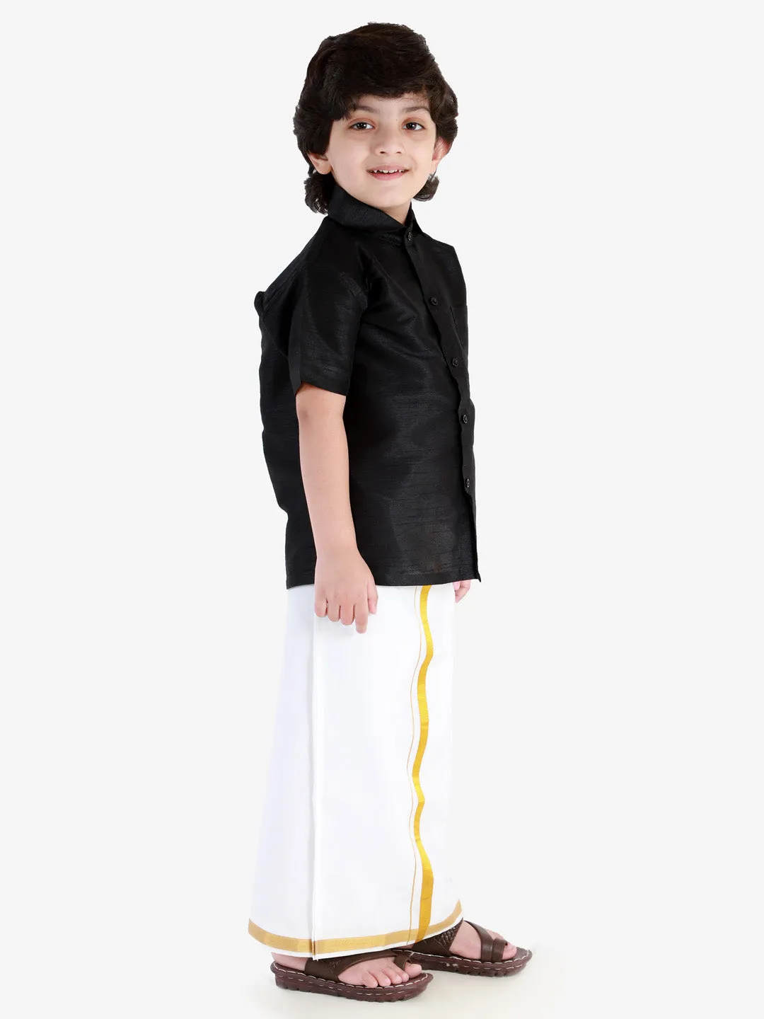 Jashvi Boys' Black Silk Short Sleeves Ethnic Shirt Mundu Vesty Style Dhoti Pant Set