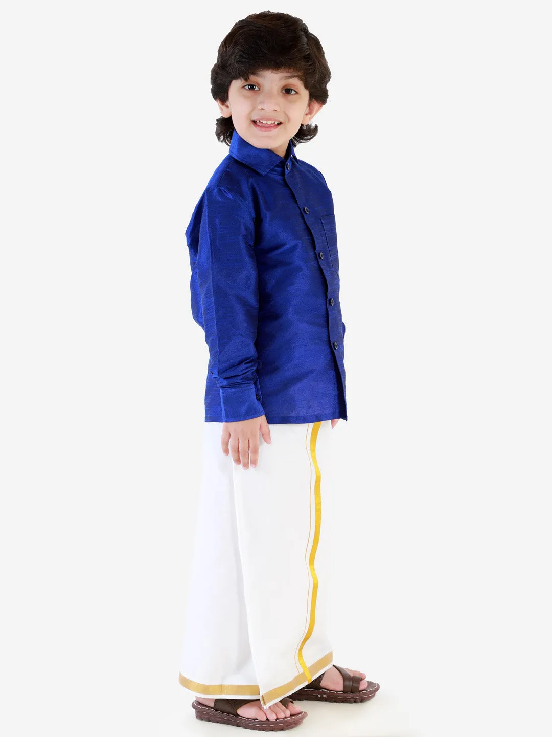 Jashvi Boys' Blue Silk Long Sleeves Ethnic Shirt Mundu Vesty Style Dhoti Pant Set