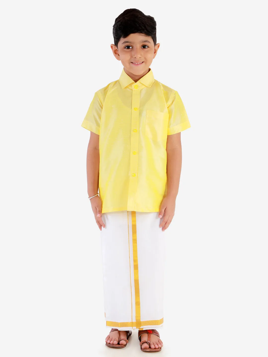 Jashvi Boys' Butter Yellow Silk Short Sleeves Ethnic Shirt Mundu Vesty Style Dhoti Pant Set