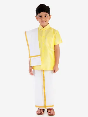 Jashvi Boys' Butter Yellow Silk Short Sleeves Ethnic Shirt Mundu Vesty Style Dhoti Pant Set