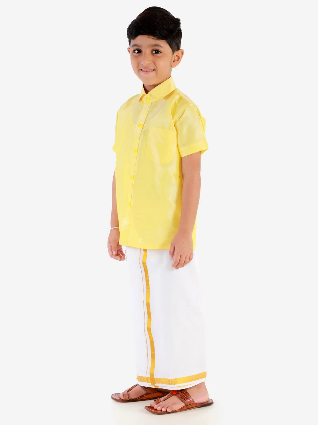 Jashvi Boys' Butter Yellow Silk Short Sleeves Ethnic Shirt Mundu Vesty Style Dhoti Pant Set