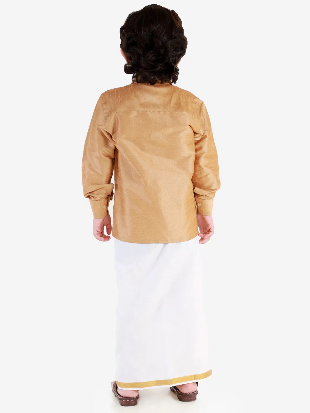 Jashvi Boys' Rose Gold Silk Long Sleeves Ethnic Shirt Mundu Vesty Style Dhoti Pant Set