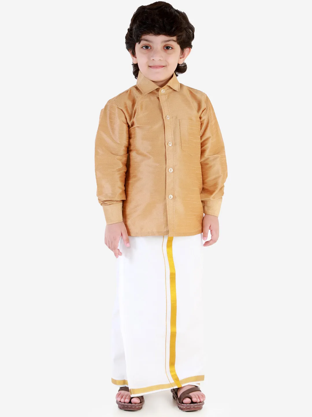 Jashvi Boys' Rose Gold Silk Long Sleeves Ethnic Shirt Mundu Vesty Style Dhoti Pant Set