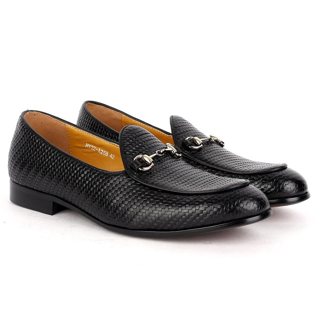 J.M Weston Solid Black Woven Leather Shoe with Gold Chain Design