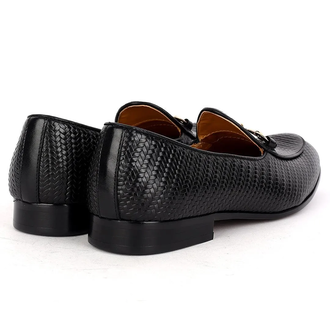 J.M Weston Solid Black Woven Leather Shoe with Gold Chain Design