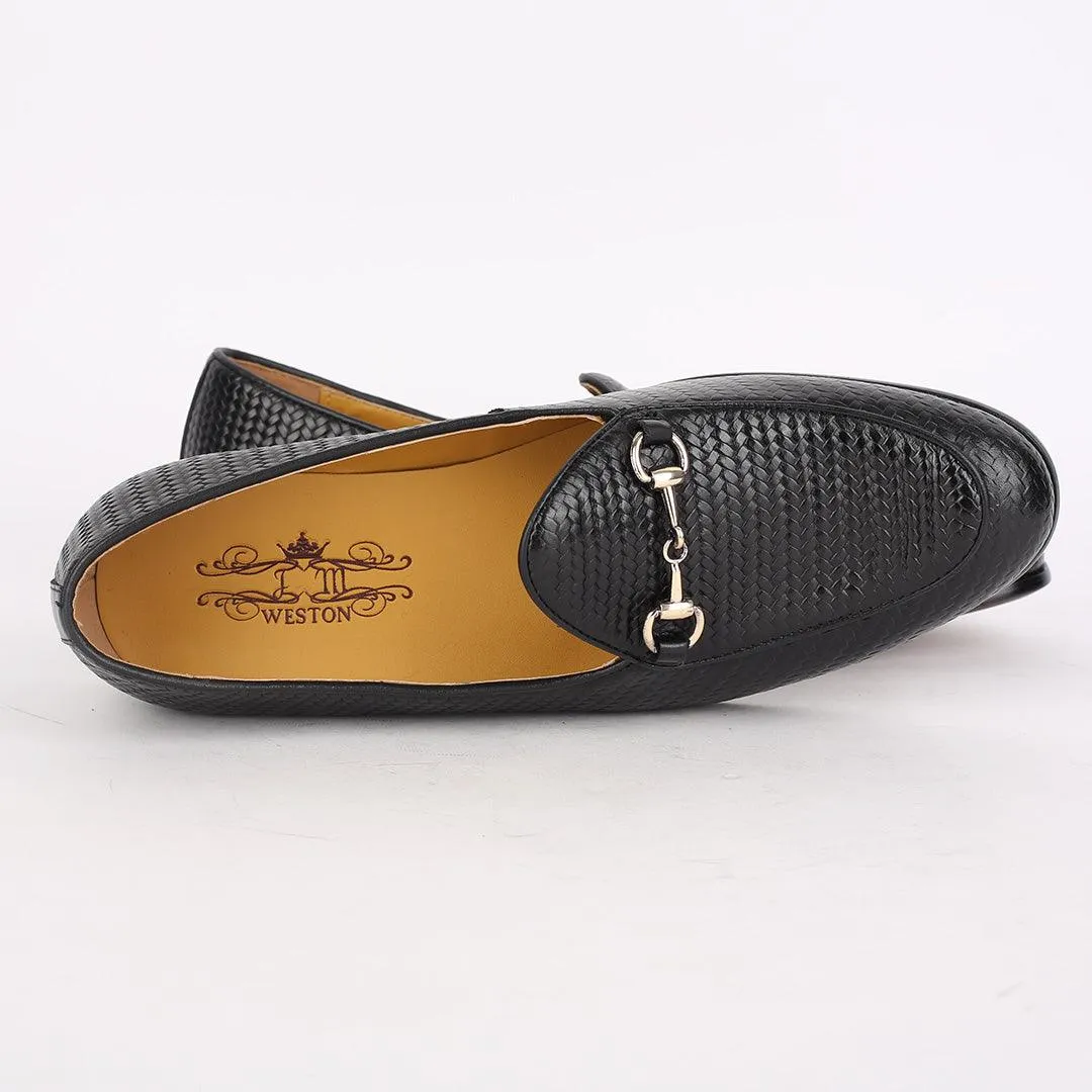 J.M Weston Solid Black Woven Leather Shoe with Gold Chain Design