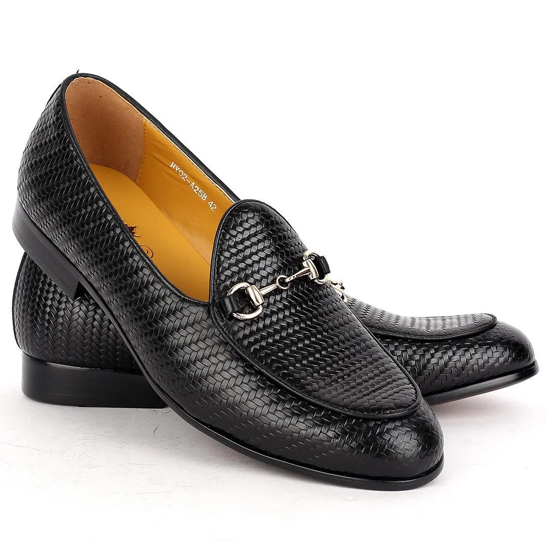 J.M Weston Solid Black Woven Leather Shoe with Gold Chain Design