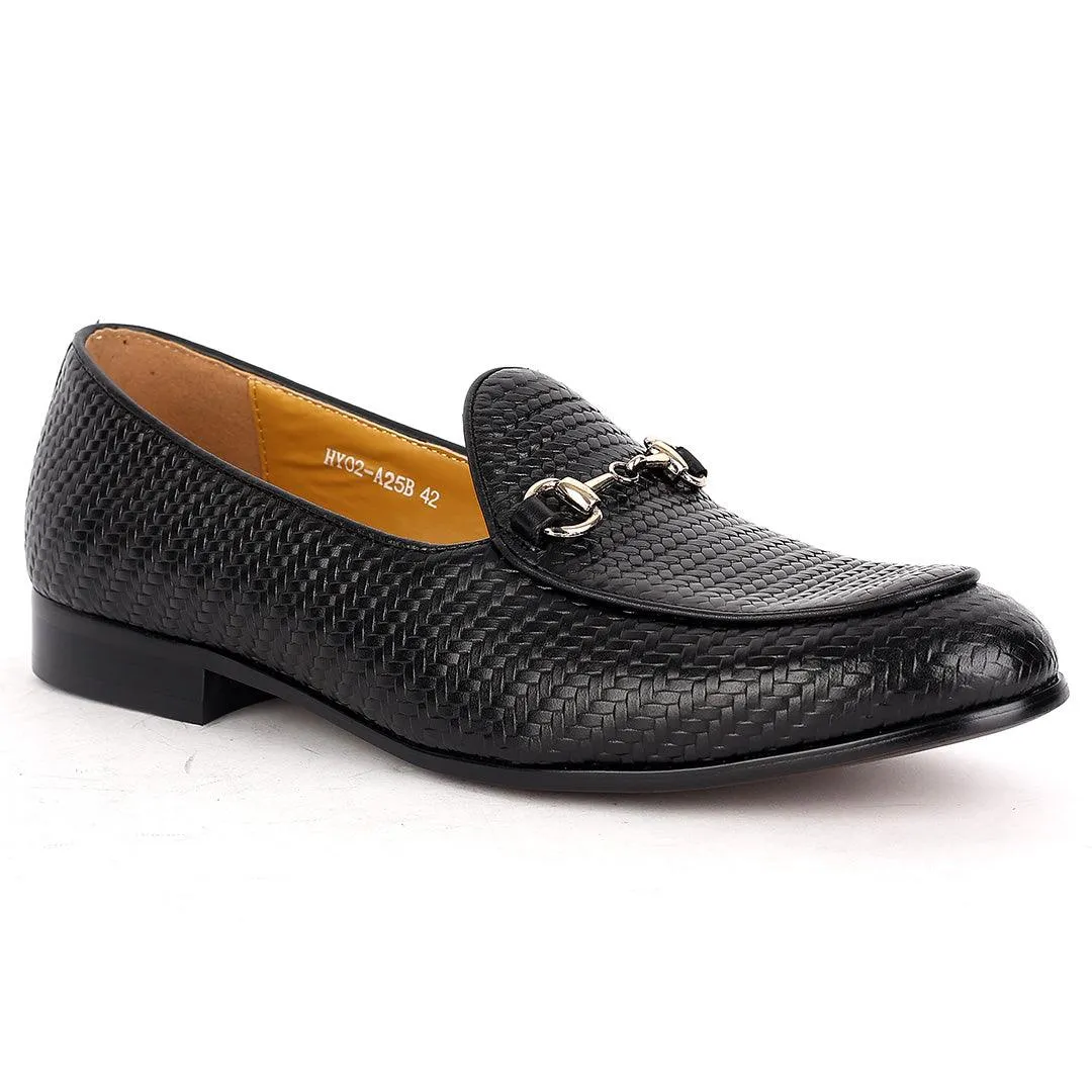 J.M Weston Solid Black Woven Leather Shoe with Gold Chain Design