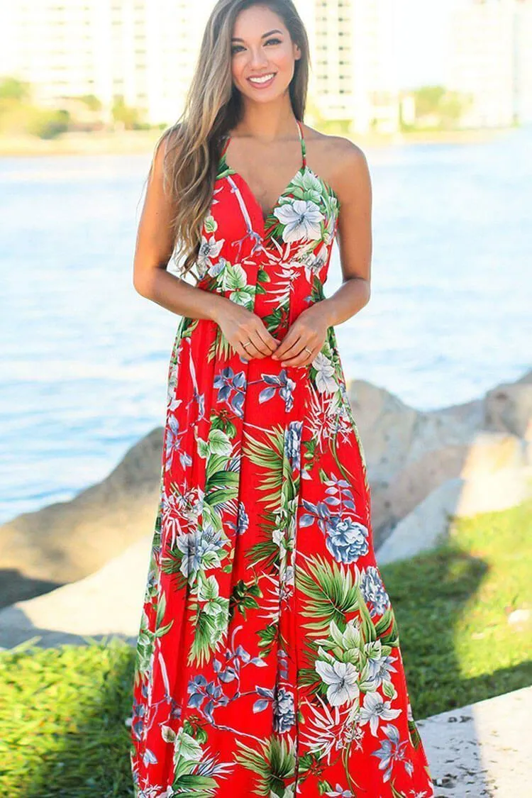 Joskaa Cross Back Boho Printed Maxi Beach Dress