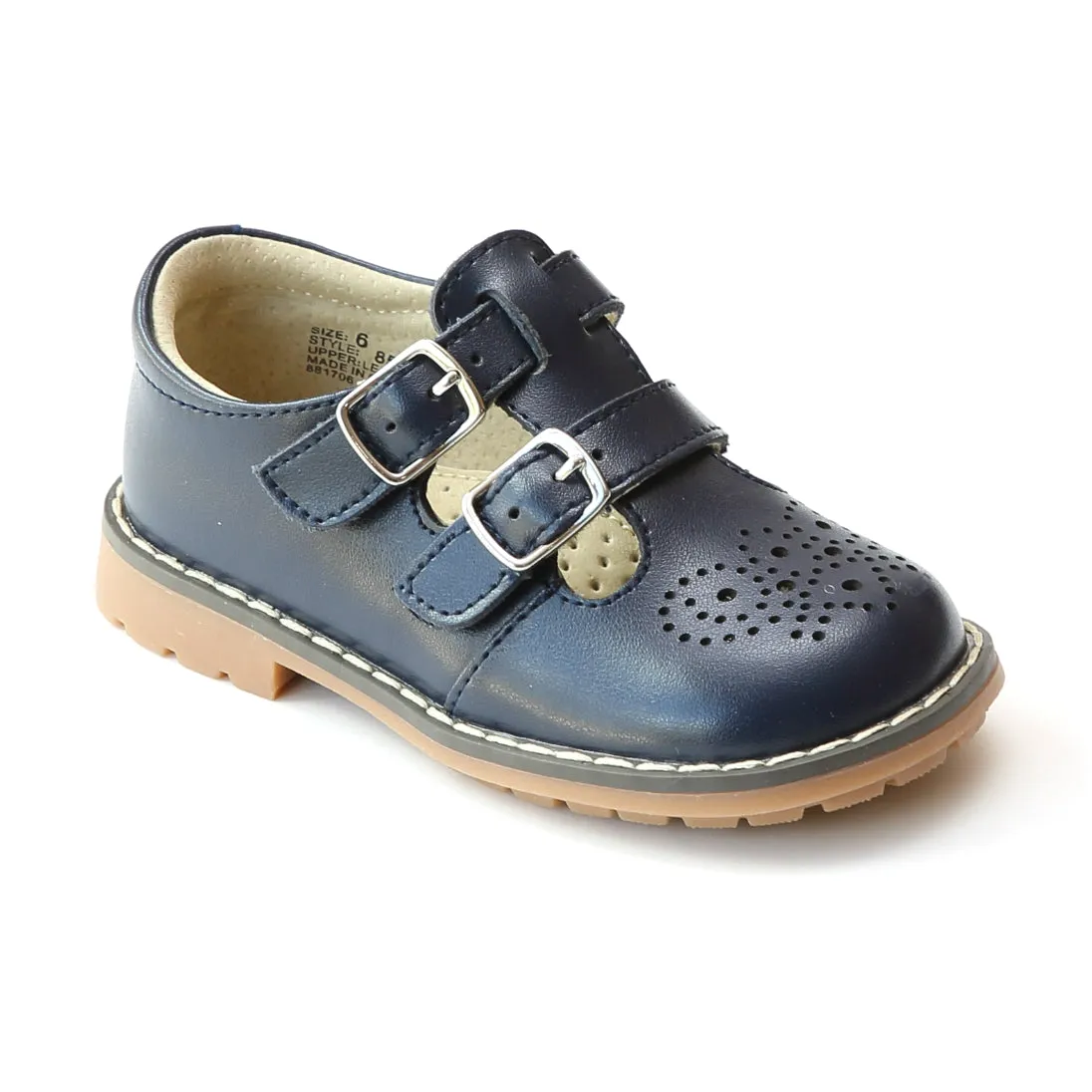 L'Amour Girls Double T-Strap Buckled Leather Medallion Mary Janes