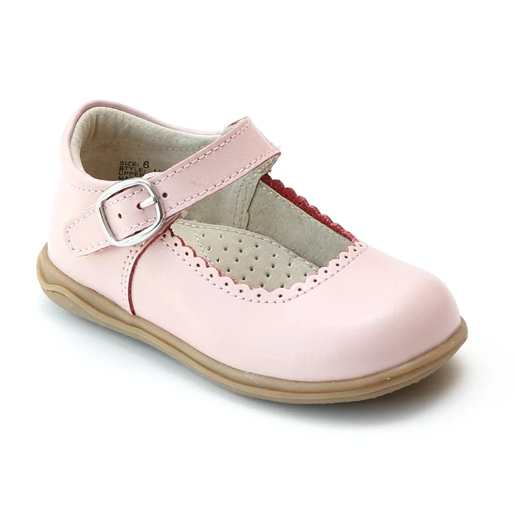 L'Amour Girls Scalloped Trim Leather Mary Janes