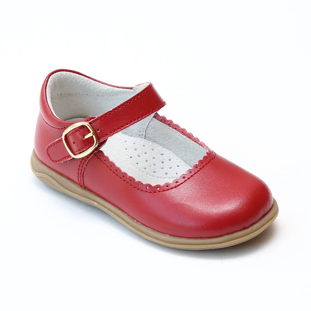 L'Amour Girls Scalloped Trim Leather Mary Janes