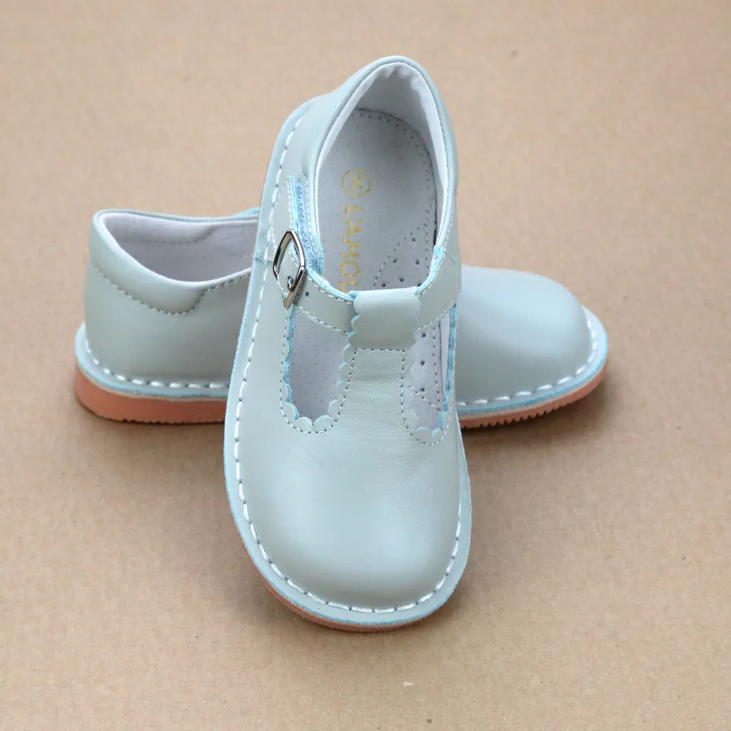 L'Amour Girls Selina Scalloped T-Strap Pastel Leather Mary Janes