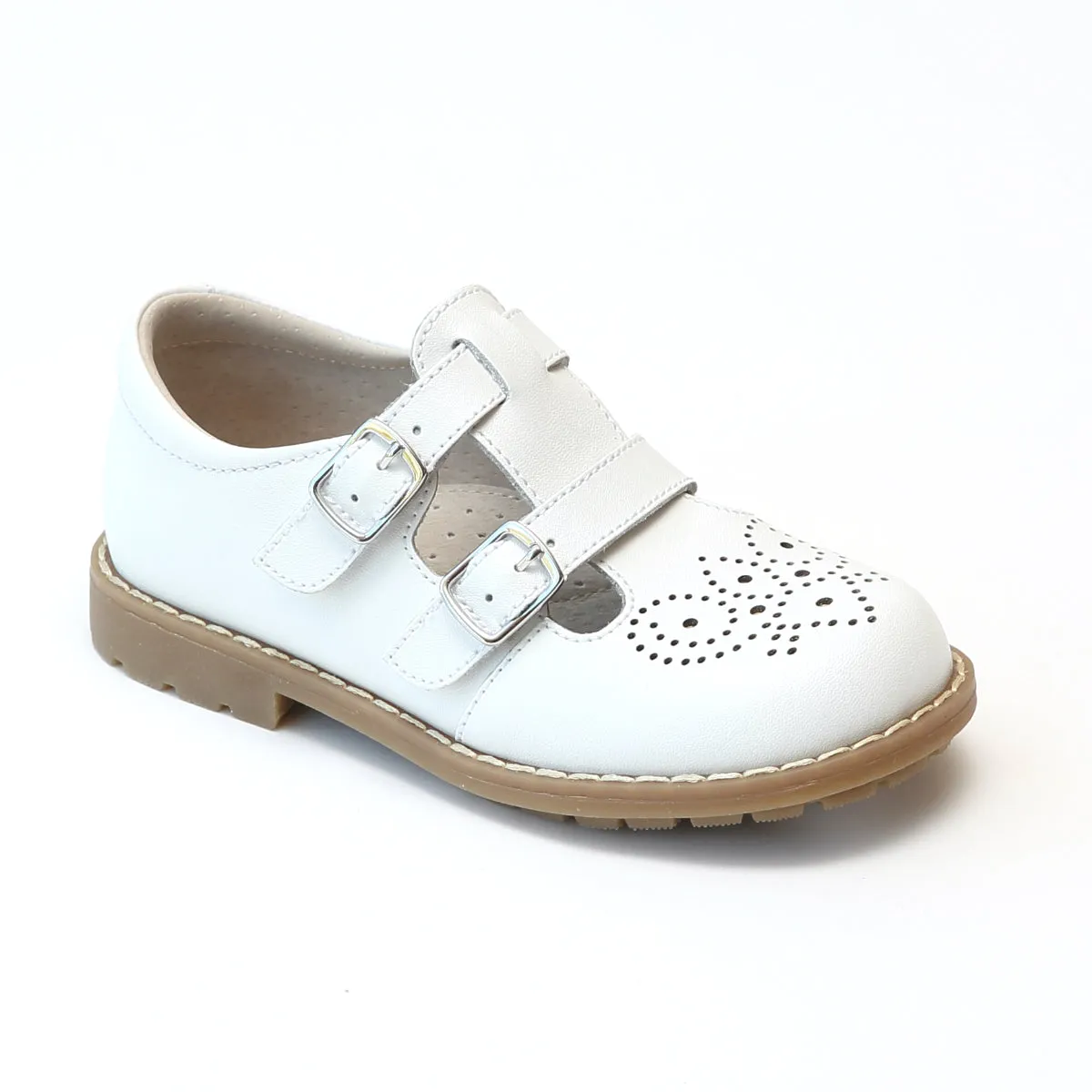 L'Amour Girls White Double T-Strap Buckled Medallion Mary Janes