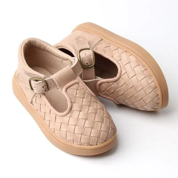 Leather Woven T-Bar | Color 'Stone' | Hard Sole