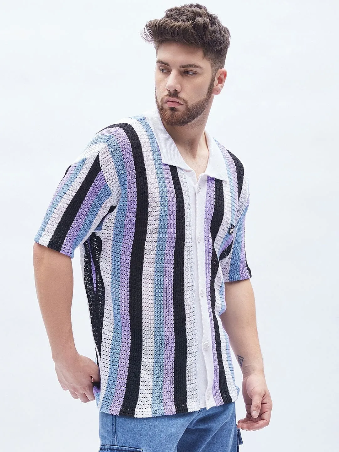 Lilac Striped Knitted Bowling Shirt