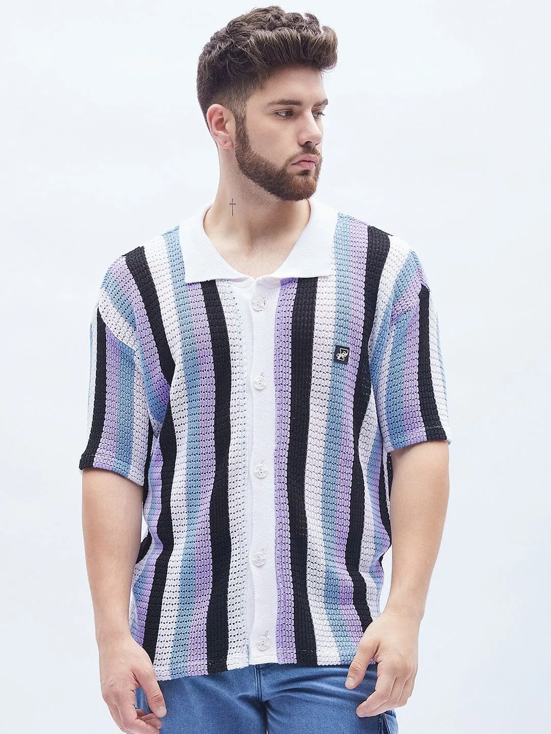 Lilac Striped Knitted Bowling Shirt