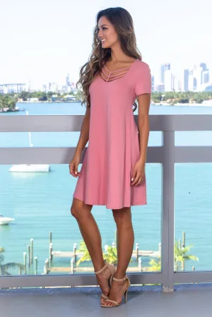 Mauve Short Sleeve Strappy Short Dress