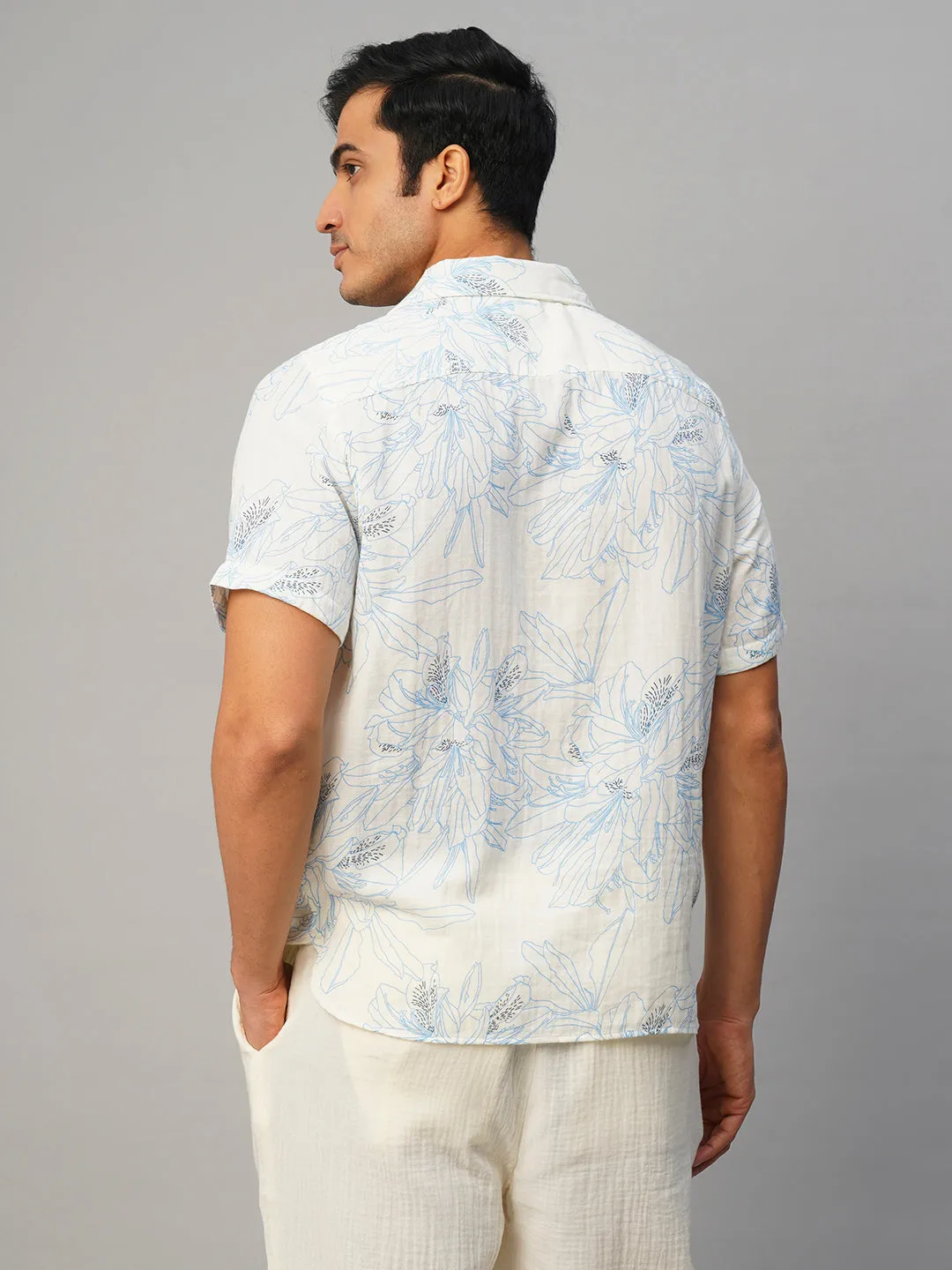 Men's Blue Cotton Loose Fit Printed Shirt